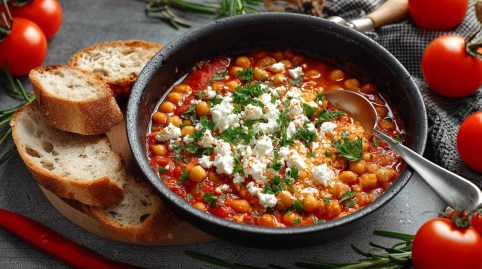 Pfanne mit Kichererbsen-Feta-Shakshuka, Brotscheiben daneben
