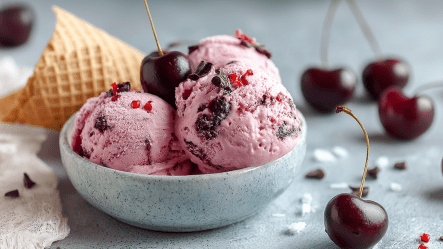 Eine Schüssel mit einigen Kugeln Kirscheis mit Schokolade und Chili, die mit einer Kirsche und Chiliflocken garniert sind. Um die Schüsse herum liegen einzelne frische Kirschen. Außerdem ist im Hintergrund eine Eiswaffel zu sehen.