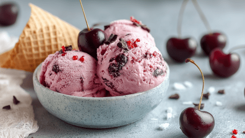 Eine Schüssel mit einigen Kugeln Kirscheis mit Schokolade und Chili, die mit einer Kirsche und Chiliflocken garniert sind. Um die Schüsse herum liegen einzelne frische Kirschen. Außerdem ist im Hintergrund eine Eiswaffel zu sehen.
