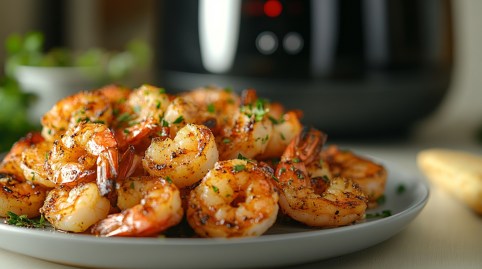 Teller mit Knoblauch-Garnelen aus dem Airfryer und Heißluftfritteuse im Hintergrund