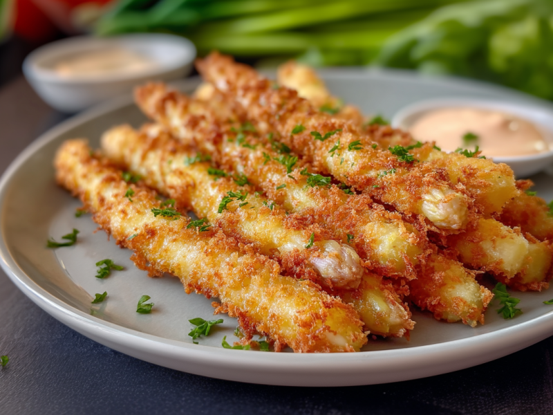 Mehrere Stangen knusprig panierter Spargel liegen auf einem grauen Teller. Sie sind mit einigen Kräutern bestreut, im Hintergrund stehen zwei Schalen mit Dip.