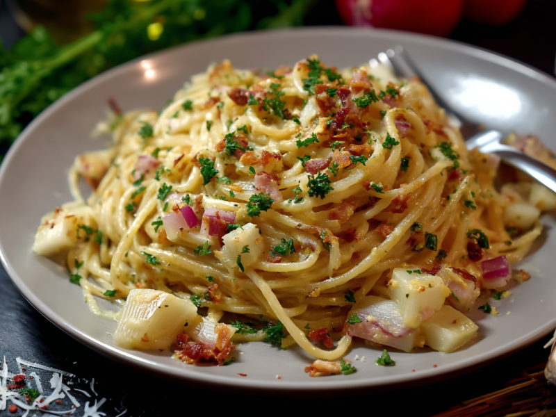 Kohlrabi-Carbonara auf einem grauen Pastateller. Drum herum liegen Zutaten.