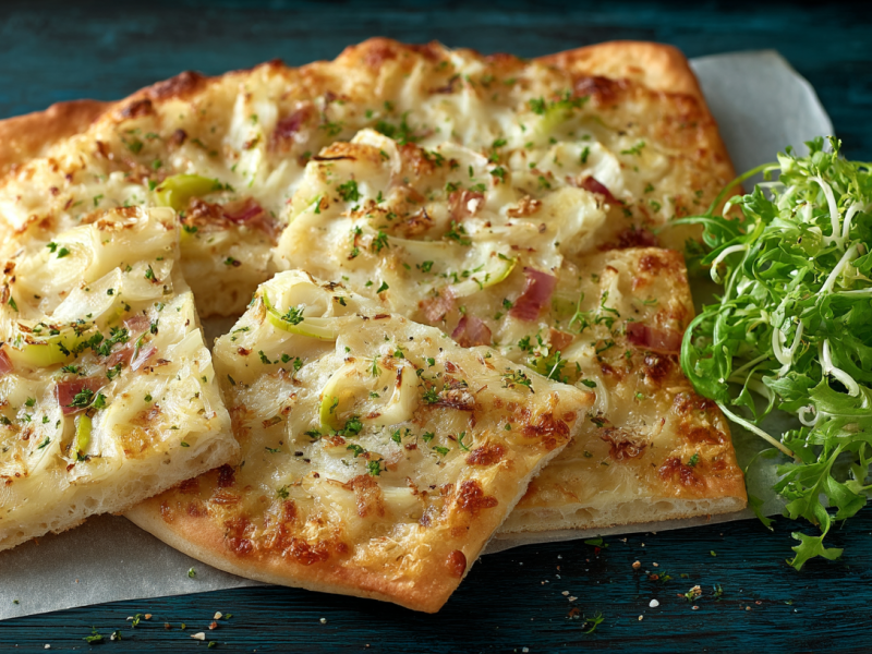 Mehrere Stücke Kohlrabi-Flammkuchen auf einem weißen Stück Backpapier. Daneben etwas Frisée-Salat.