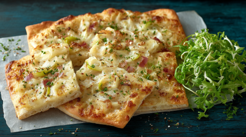 Mehrere Stücke Kohlrabi-Flammkuchen auf einem weißen Stück Backpapier. Daneben etwas Frisée-Salat.