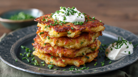Ein Stapel Kohlrabi-Kartoffelpuffer mit Schmand und Schnittlauch.