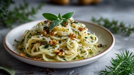 Ein Teller mit einer Portion Kohlrabi-Nudeln mit Salbeibutter, die mit frischen Salbeiblättern und gehackten Walnüssen garniert sind. Um den Teller herum liegen frische Rosmarinzweige.