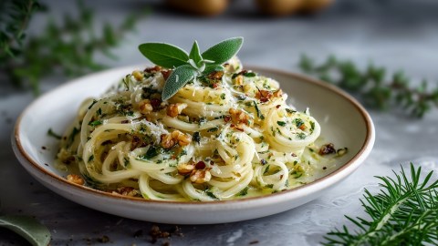 Ein Teller mit einer Portion Kohlrabi-Nudeln mit Salbeibutter, die mit frischen Salbeiblättern und gehackten Walnüssen garniert sind. Um den Teller herum liegen frische Rosmarinzweige.
