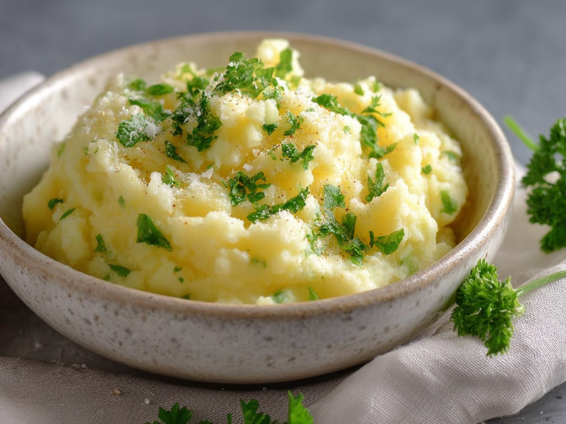 Eine Schüssel mit Kohlrabi-Stampf, der mit frischer gehackter Petersilie garniert ist. Die Schüssel steht auf einem beigen Küchentuch. Rechts liegt etwas frischer Petersilie neben der Schüssel.