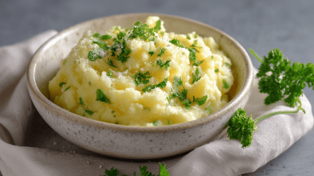 Eine Schüssel mit Kohlrabi-Stampf, der mit frischer gehackter Petersilie garniert ist. Die Schüssel steht auf einem beigen Küchentuch. Rechts liegt etwas frischer Petersilie neben der Schüssel.