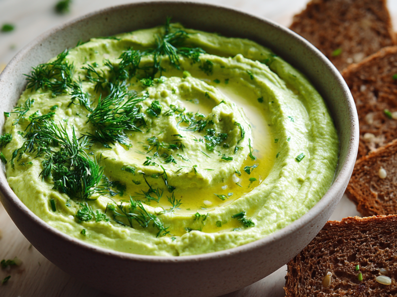 Eine Schale Kräuter-Hummus, garniert mit frischen Kräutern.