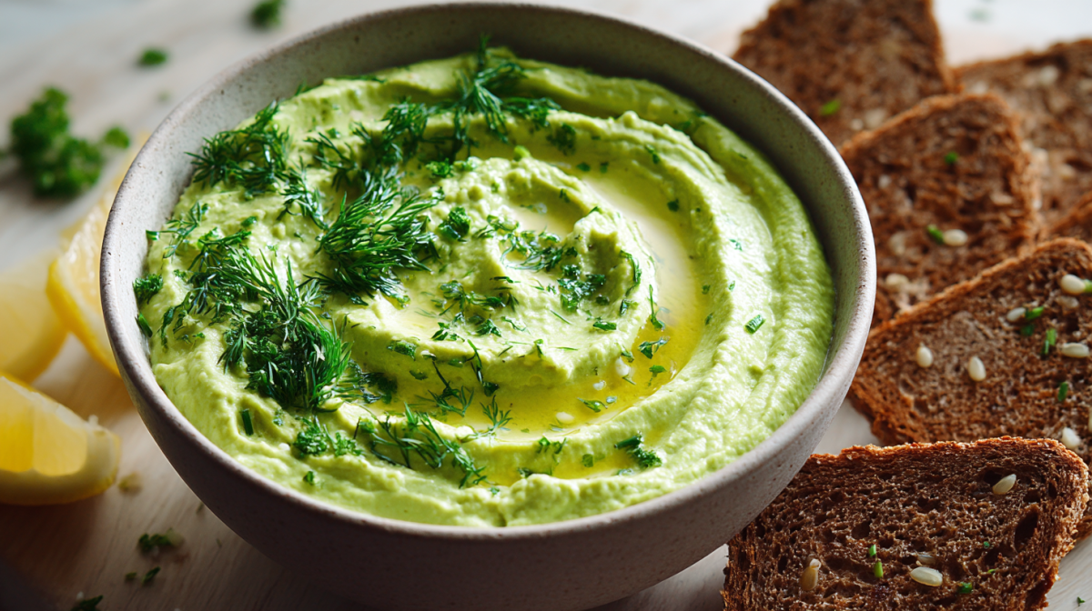 Eine Schale Kräuter-Hummus, garniert mit frischen Kräutern.