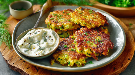 Ein Teller voller Lauchpuffer, serviert mit einem Kräuter-Dip.