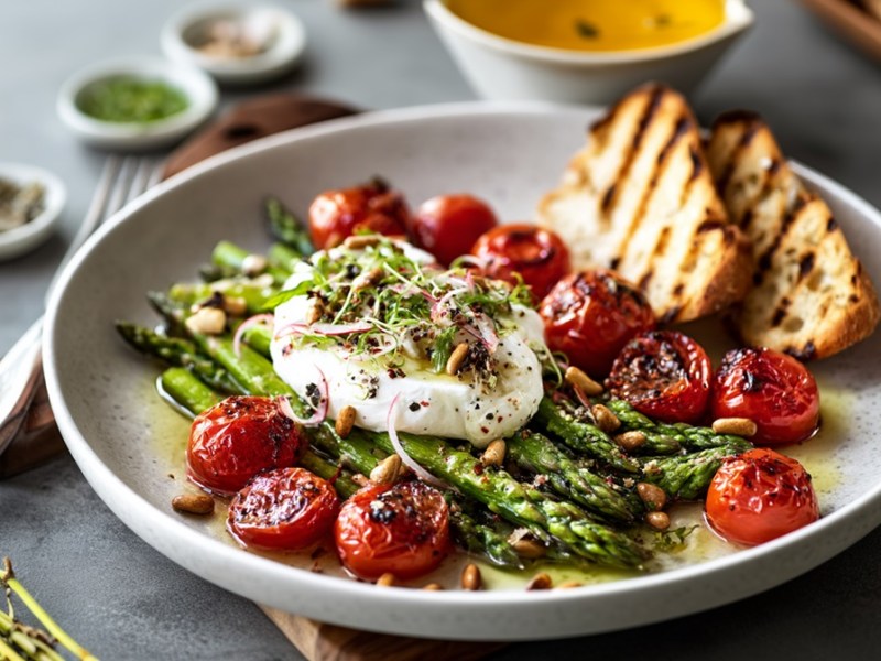 Teller mit lauwarmem Spargel-Tomaten-Salat mit Burrata und geröstetem Brot