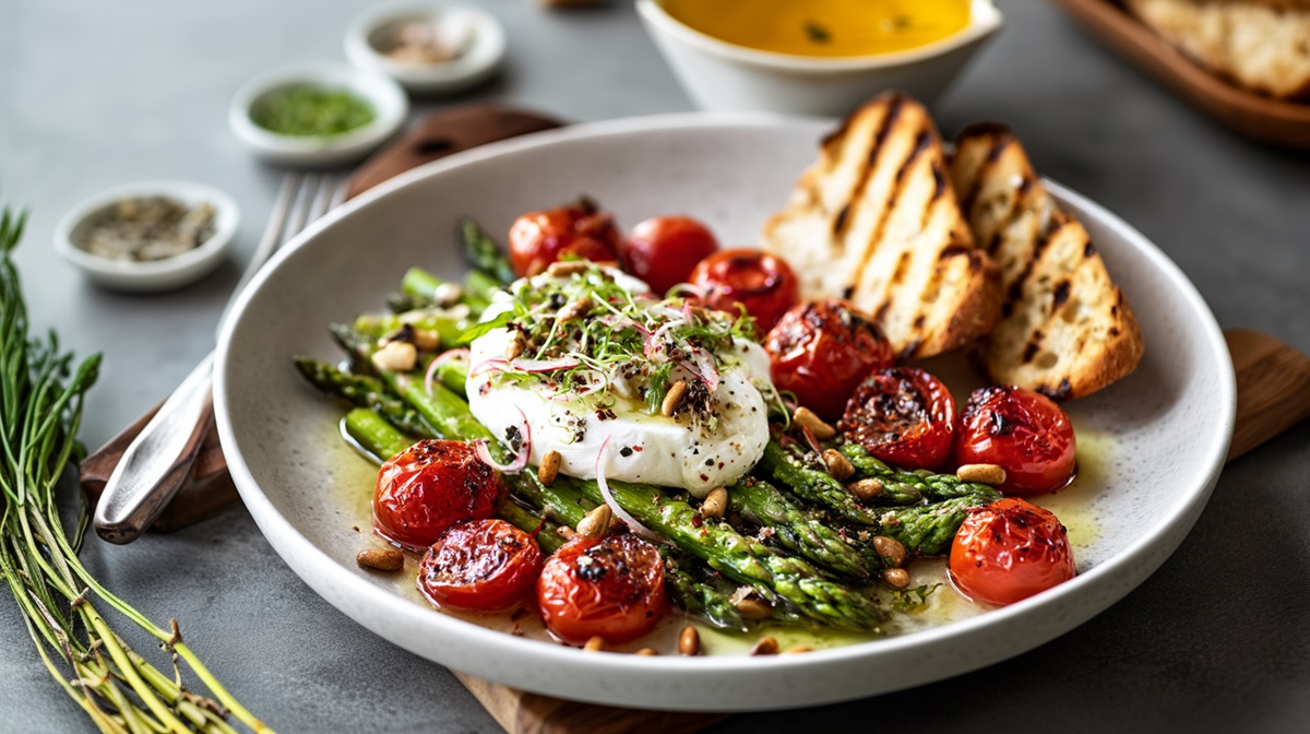 Teller mit lauwarmem Spargel-Tomaten-Salat mit Burrata und geröstetem Brot
