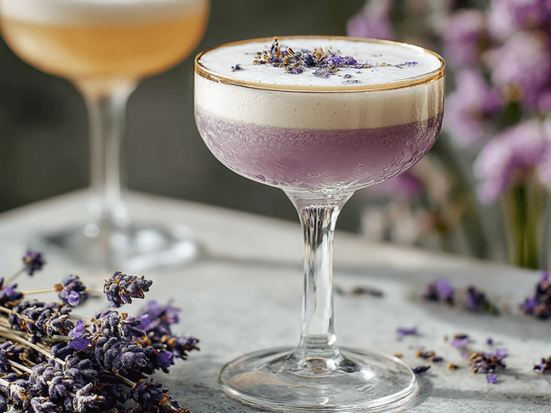 Eine Champagnerschale mit einem Lavender Sour Cocktail, der mit getrockneten Lavendelblüten dekoriert ist. Ringsum kann man Lavendel.