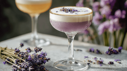 Eine Champagnerschale mit einem Lavender Sour Cocktail, der mit getrockneten Lavendelblüten dekoriert ist. Ringsum kann man Lavendel.