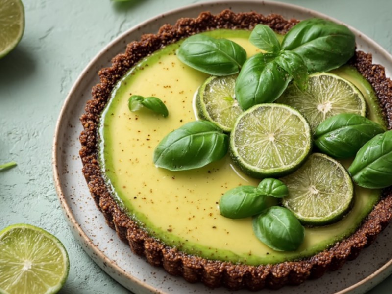 Eine Limetten-Basilikum-Tarte in der Draufsicht.