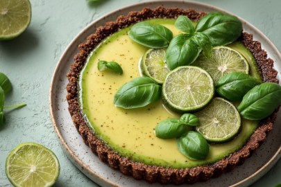 Eine Limetten-Basilikum-Tarte in der Draufsicht.