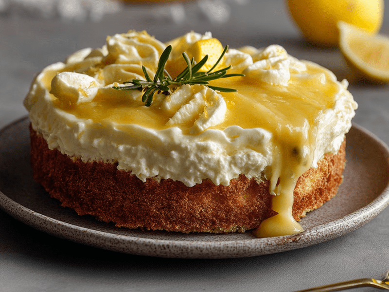 Ein Teller mit einem Limoncello-Mascarpone-Kuchen, der mit einem frischem Rosmarinzweig dekoriert ist. Ringsum sind Zitronen zu sehen und man kann ein Glas mit Zitronenlikör erahnen. Außerdem liegt ein Löffel mit Mascarpone und Lemon Curd herum.