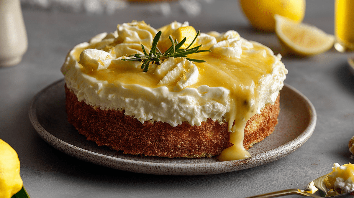 Ein Teller mit einem Limoncello-Mascarpone-Kuchen, der mit einem frischem Rosmarinzweig dekoriert ist. Ringsum sind Zitronen zu sehen und man kann ein Glas mit Zitronenlikör erahnen. Außerdem liegt ein Löffel mit Mascarpone und Lemon Curd herum.