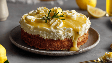 Ein Teller mit einem Limoncello-Mascarpone-Kuchen, der mit einem frischem Rosmarinzweig dekoriert ist. Ringsum sind Zitronen zu sehen und man kann ein Glas mit Zitronenlikör erahnen. Außerdem liegt ein Löffel mit Mascarpone und Lemon Curd herum.