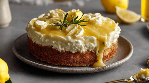 Ein Teller mit einem Limoncello-Mascarpone-Kuchen, der mit einem frischem Rosmarinzweig dekoriert ist. Ringsum sind Zitronen zu sehen und man kann ein Glas mit Zitronenlikör erahnen. Außerdem liegt ein Löffel mit Mascarpone und Lemon Curd herum.