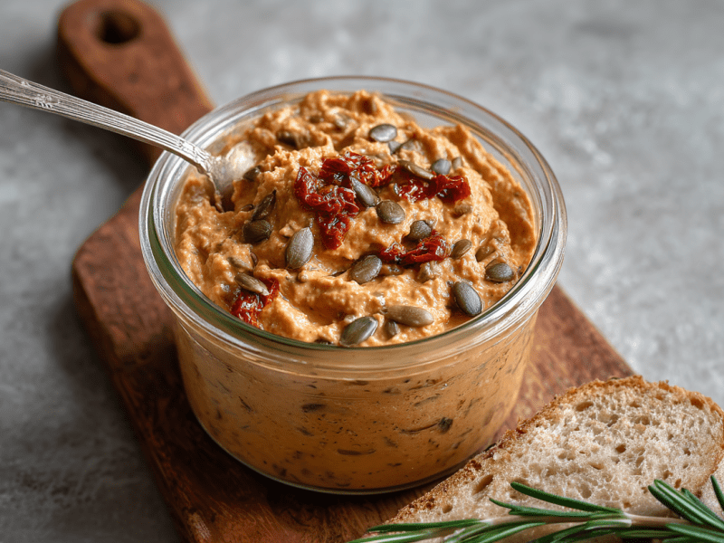 Ein Glas Linsen-Balsamico-Aufstrich auf einem Holzbrett. Ein Löffel ist in dem Aufstrich. Vor dem Glas liegen ein paar Brotscheiben.
