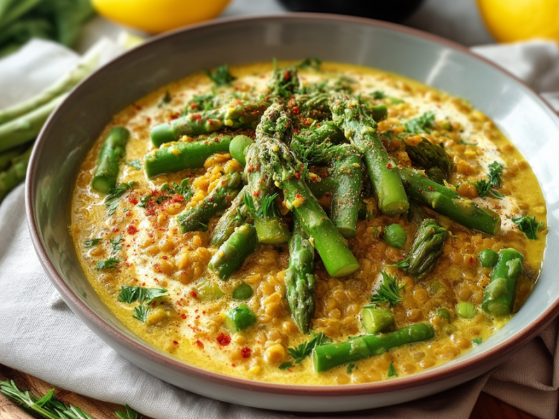 Ein tiefer Teller mit Linsen-Spargel-Curry, der auf einer Stoffserviette auf einem runden Holzbrett steht. Neben dem Teller liegt ein Löffel. Außerdem sind grüne Spargelstangen und Zitronen im Bild zu sehen.