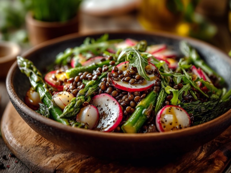 Eine Schüssel Linsensalat mit Spargel.