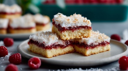 Ein Teller mit einigen Stücken Louise Cake, die aufeinander gestapelt sind. Im Hintergrund kann man weitere Kuchenstücke erkennen. Um den Teller herum liegen Himbeeren und Kokosraspel verstreut.