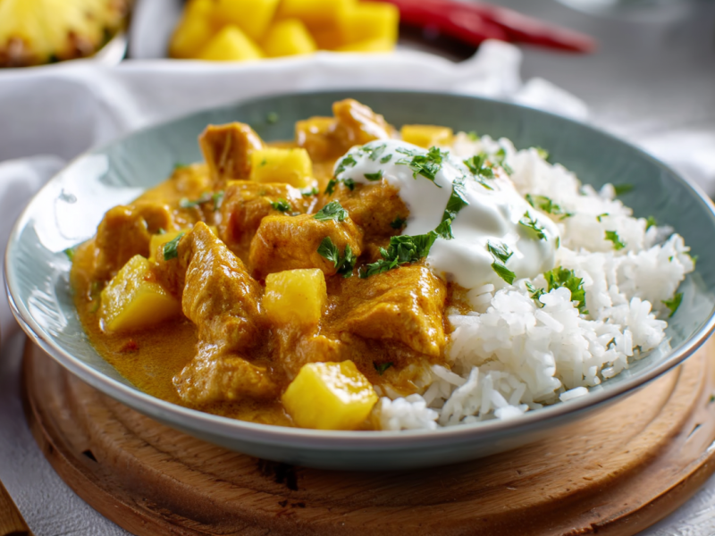 Madras Curry in einem grauen Teller auf einem Holzuntersetzer. Links im Bild sieht man eine Holzschale mit Salz. Im Hintergrund liegt weitere Ananas.