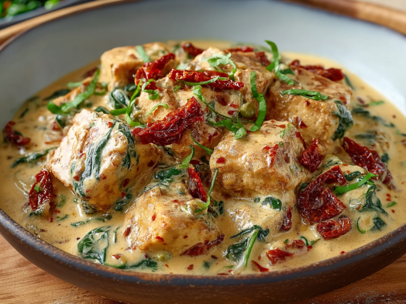 Eine Schale mit Marry Me Tofu auf einem Holzuntersetzer. Das Gericht ist mit Tofu, Spinat und getrockneten Tomaten zubereitet.