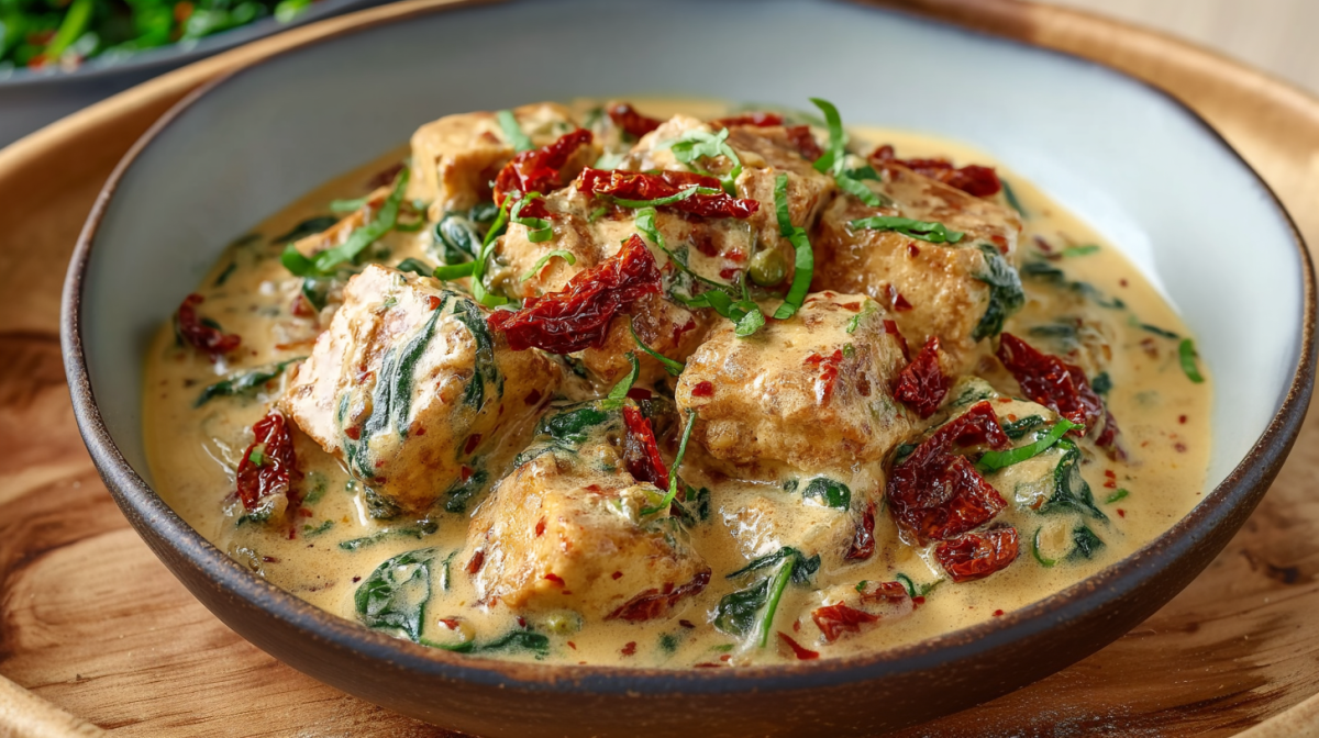 Eine Schale mit Marry Me Tofu auf einem Holzuntersetzer. Das Gericht ist mit Tofu, Spinat und getrockneten Tomaten zubereitet.