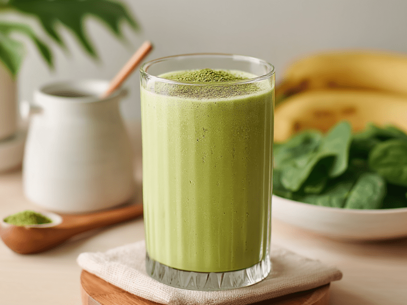 Ein Matcha-Smoothie steht auf einem beigen Tuch auf einem hölzernen Untersetzer. IM Hintergrund sieht man von links nach rechts eine Pflanze, einen Holzlöffel mit Matchapulver eine Schale mit Spinat und zwei Bananen.