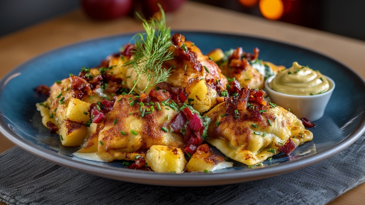 Ein Teller mit einer Portion Maultaschen mit Bacon und karamellisierten Äpfeln. Der Teller steht auf einem Stoffuntersetzer.