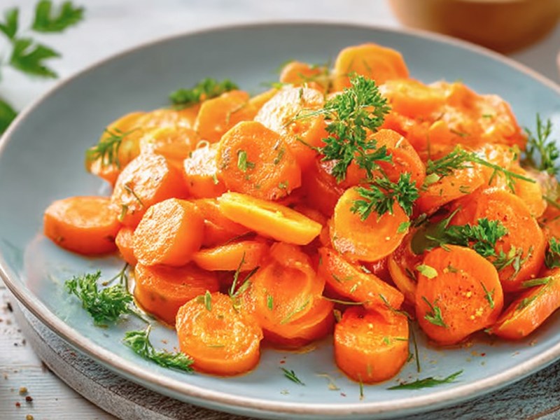 Möhrengemüse mit Curry und Petersilie auf einem Teller.