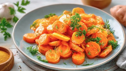 Möhrengemüse mit Curry und Petersilie auf einem Teller.