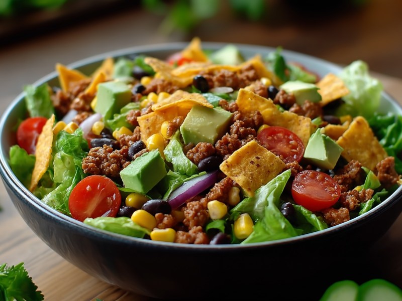 Eine Schüssel Nacho-Salat mit Avocado, Mais, Bohnen, Hackfleisch und weiteren Zutaten. Nahaufnahme.