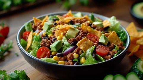 Eine Schüssel Nacho-Salat mit Avocado, Mais, Bohnen, Hackfleisch und weiteren Zutaten. Nahaufnahme.