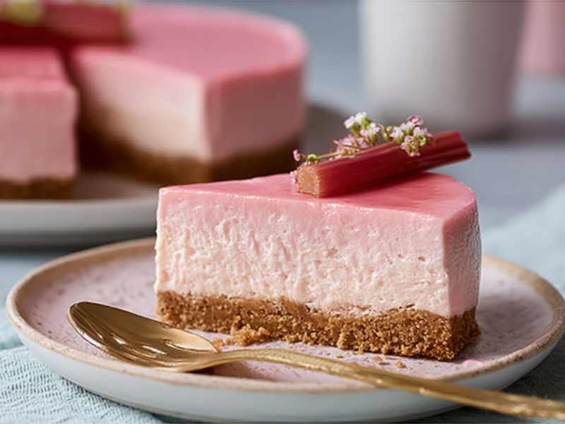 Ein Teller mit einem Stück No-Bake Rhabarber-Cheesecake. Auf dem Teller liegt ein goldener Löffel. Im Hintergrund kann man den angeschnittenen Kuchen erkennen.
