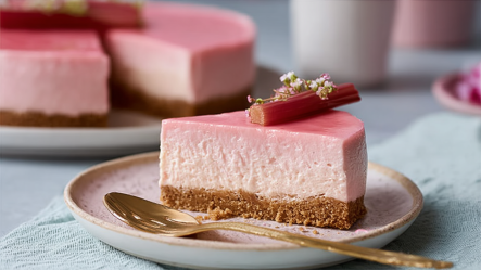 Ein Teller mit einem Stück No-Bake Rhabarber-Cheesecake. Auf dem Teller liegt ein goldener Löffel. Im Hintergrund kann man den angeschnittenen Kuchen erkennen.