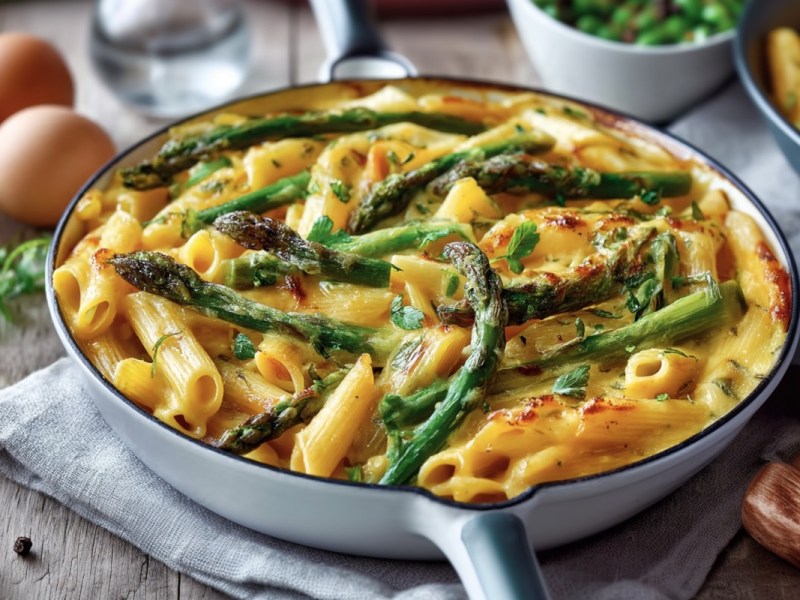 Eine Nudel-Spargel-Frittata in einer Pfanne.
