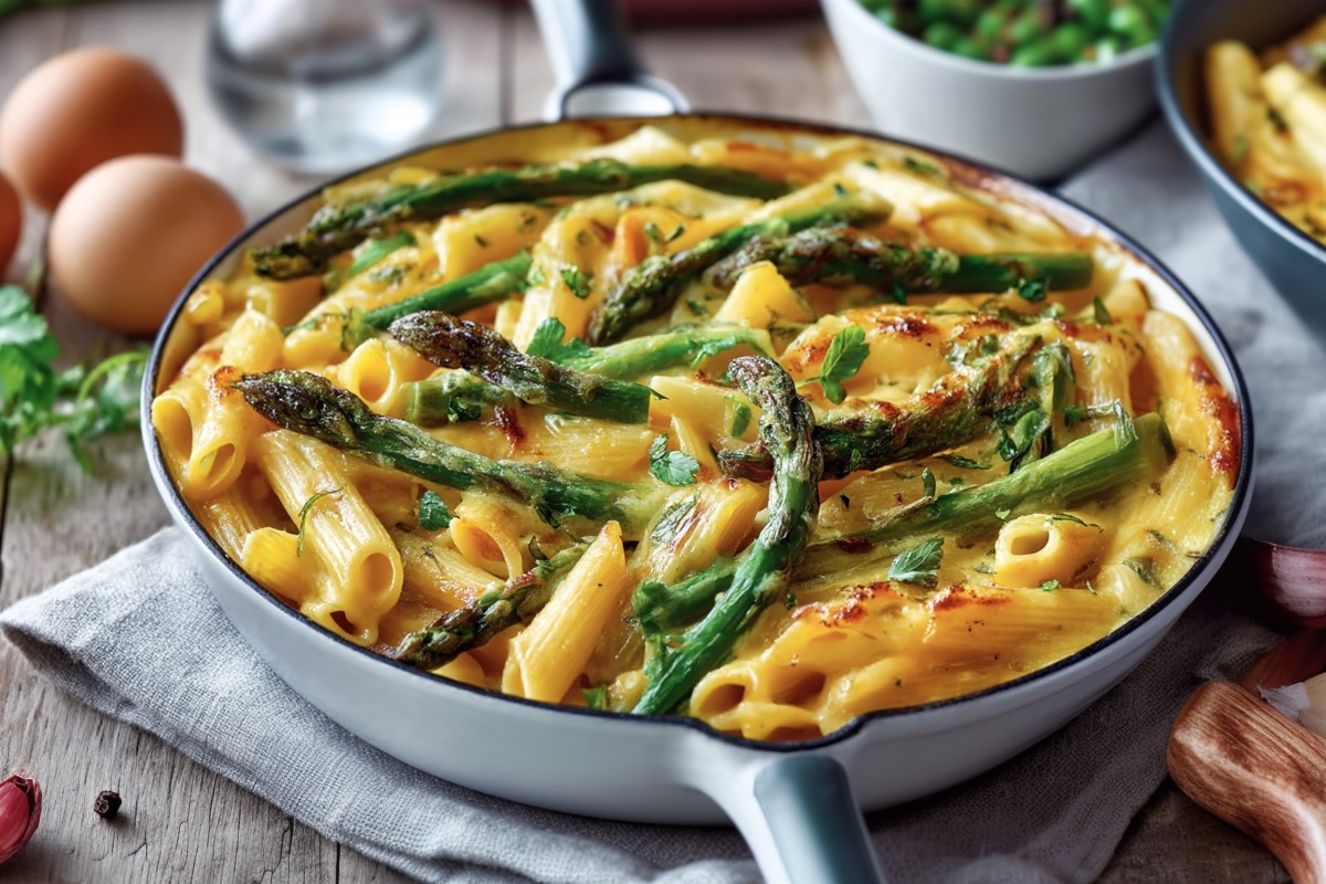 Eine Nudel-Spargel-Frittata in einer Pfanne.