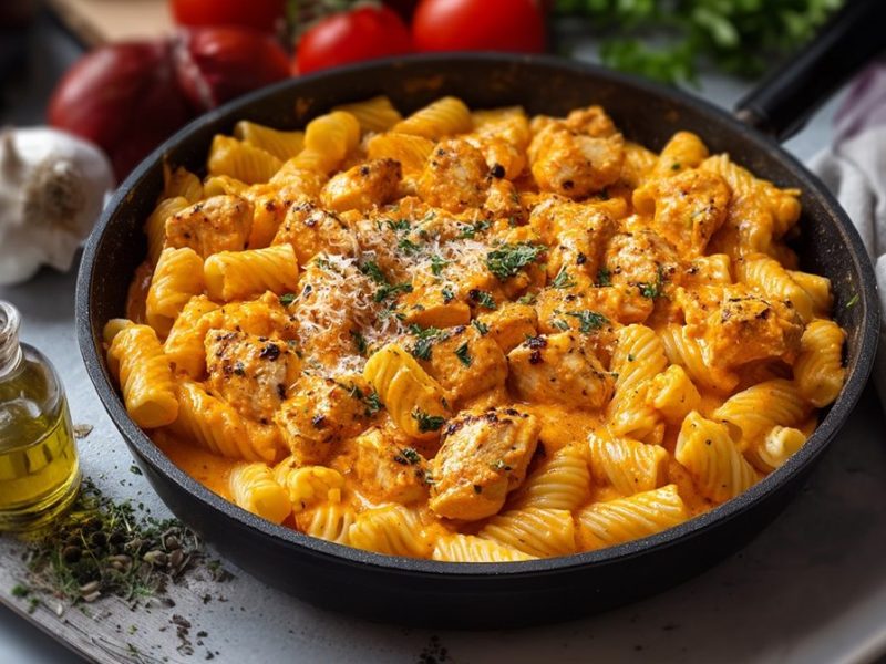 Pfanne mit Nudeln mit Ajvar-Hähnchen