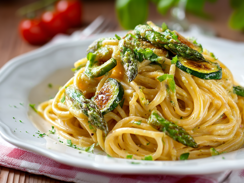 Nudeln mit Zucchini und Spargel auf einem weißen, gemusterten Teller.