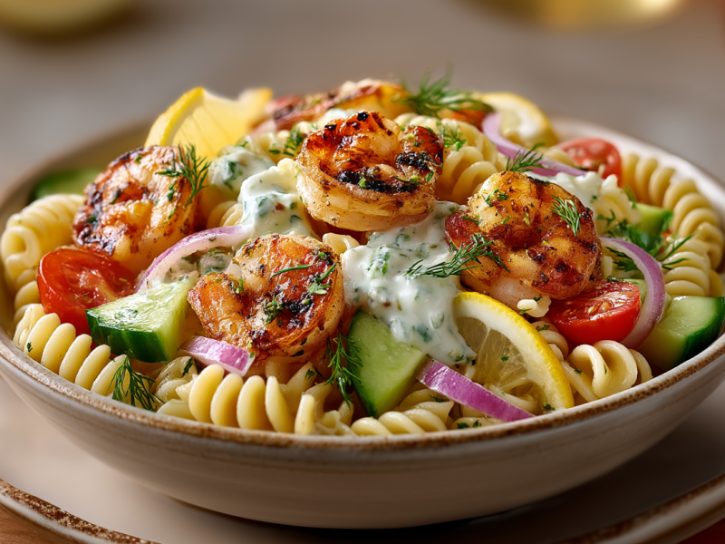 Ein Teller Nudelsalat mit Garnelen auf einem Unterteller. Der Salat ist mit Fusilli, Gurken, Zwiebeln und gebratenen Garnelen angerichtet. Man sieht einige Zitronenscheiben. Hinten rechts im Bild liegt noch eine Zitrone.