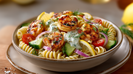 Ein Teller Nudelsalat mit Garnelen auf einem Unterteller. Der Salat ist mit Fusilli, Gurken, Zwiebeln und gebratenen Garnelen angerichtet. Man sieht einige Zitronenscheiben. Hinten rechts im Bild liegt noch eine Zitrone.