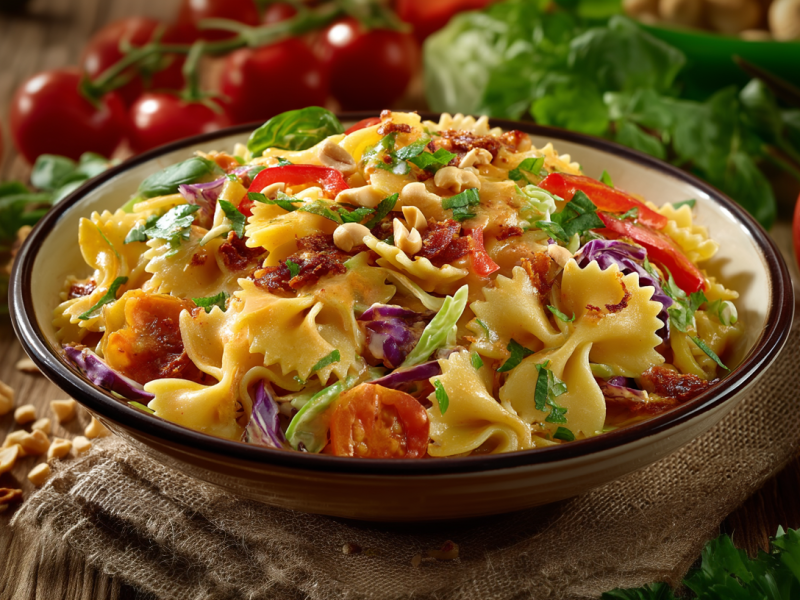 Eine Schale mit Nudelsalat mit Mandelmus auf einem braunen Tuch auf einem Holztisch. Um die Schale verteilt liegen einige Zutaten, wie Erdnüsse, Tomaten, Salat und noch einige Nudeln.