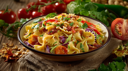 Eine Schale mit Nudelsalat mit Mandelmus auf einem braunen Tuch auf einem Holztisch. Um die Schale verteilt liegen einige Zutaten, wie Erdnüsse, Tomaten, Salat und noch einige Nudeln.