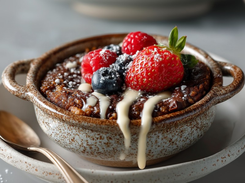 Eine runde kleine Ofenform mit einer Portion Nutella-Baked-Oats, die mit frischen Beeren und etwas weißem Mandelmus garniert sind. Die Form steht auf einem Teller. Daneben liegt ein Löffel.